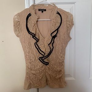 Fitted, lace, v neck high collar blouse